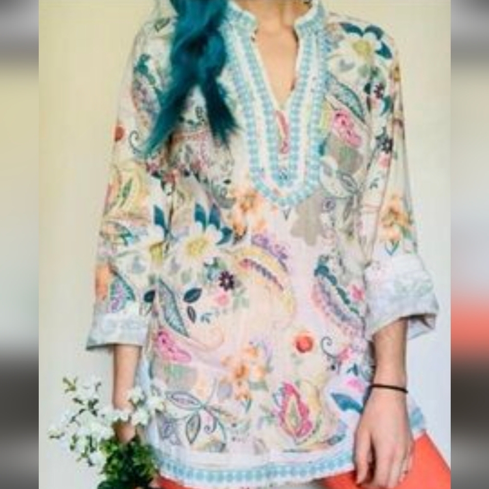 Malvin I Love Linen Floral Paisley Print Women's Popover Tunic Top